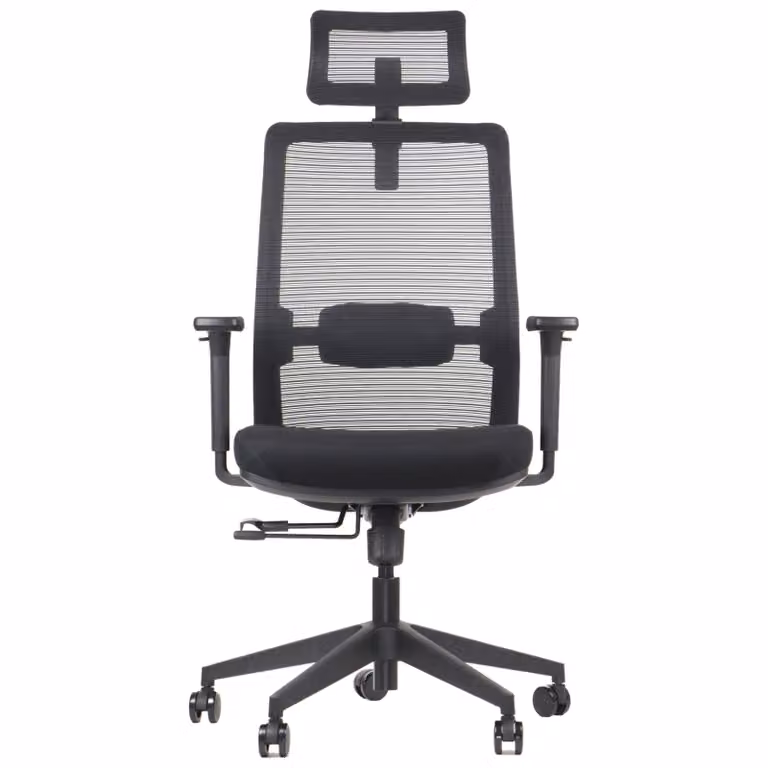 Sedia girevole ergonomica da ufficio CUTLER, base in nylon, braccioli regolabili, poggiatesta e supporto lombare, nero