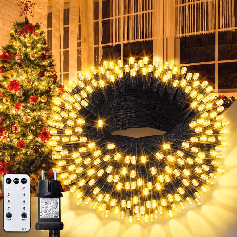 Catena luminosa a LED, 30 metri, 300 LED bianco caldo, grado di protezione IP65, dimmerabile, 8 modalità