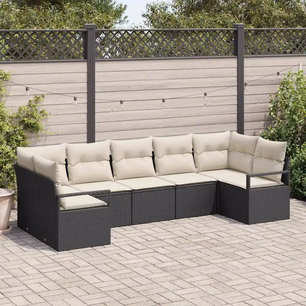 Set di divani da giardino vidaXL in rattan nero con cuscini e tavolino da 7 pezzi – 1