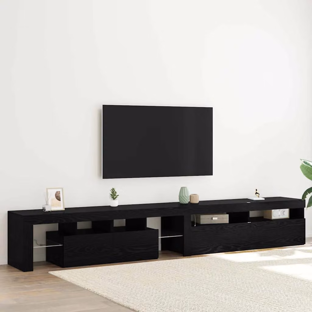 Mobile TV vidaXL moderno in legno ingegnerizzato e vetro, colore nero e rovere, con illuminazione integrata e scomparti multimediali, L: 260 cm, P: 40 cm, H: 37 cm