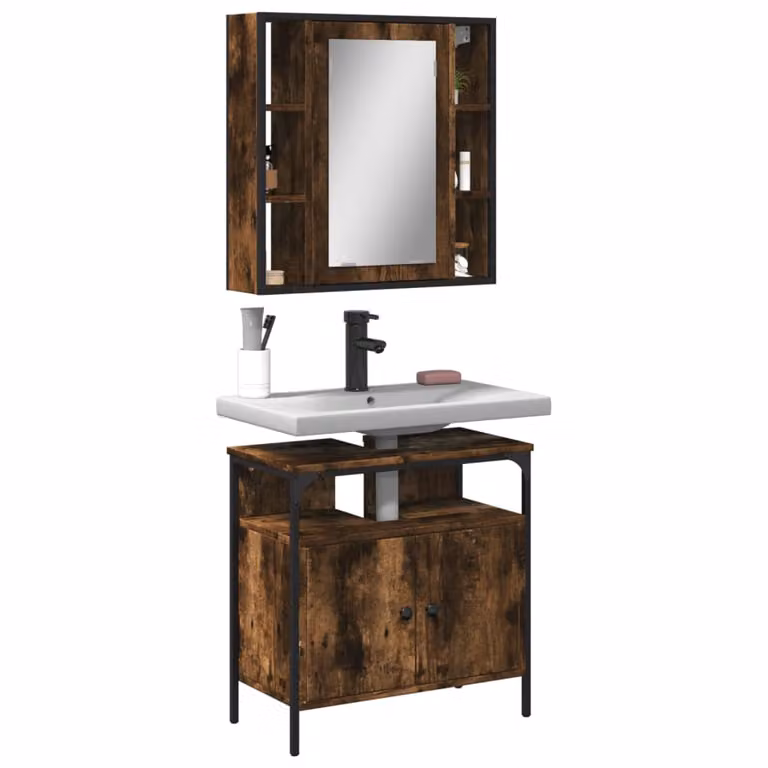 Set di mobili da bagno vidaXL composto da mobile lavabo e armadietto con specchio in legno e metallo, colore marrone