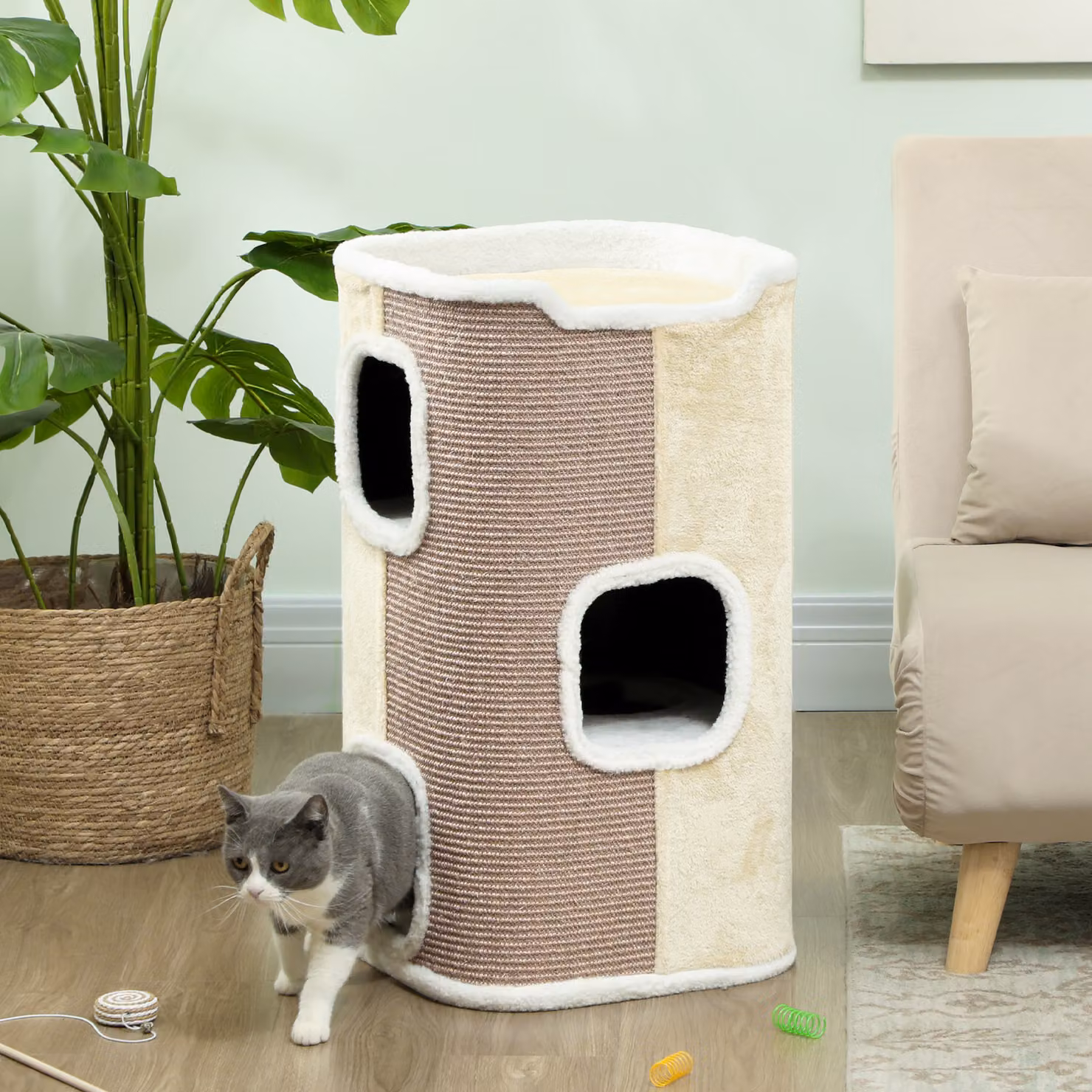 Torre tiragraffi per gatti PawHut con 3 livelli, rifugio e rivestimento in morbido peluche e sisal, Beige – 2