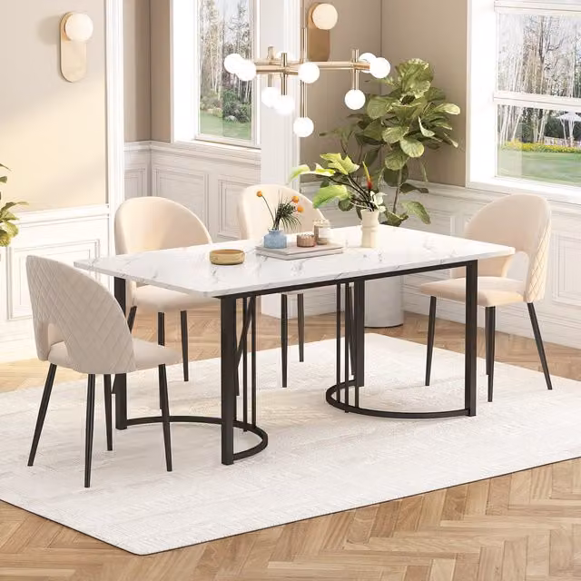 Tavolo da pranzo moderno Aosom con struttura in metallo e piano in MDF laminato, gambe regolabili, Bianco e Nero, L: 140 cm, P: 80 cm