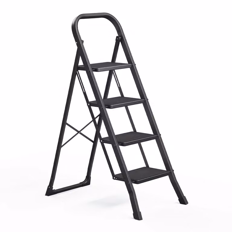 Scaletta Pieghevole Chiusura di Sicurezza per Piegamento, Nero / 4 Gradini (89P x 45l x 127H cm)
