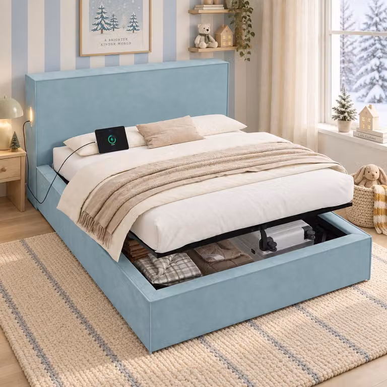 Letto imbottito 140 x 200 cm con contenitore a sollevamento idraulico, rete a doghe e testiera imbottita, rivestito in velluto, capacità di carico fino a 300 kg, colore blu