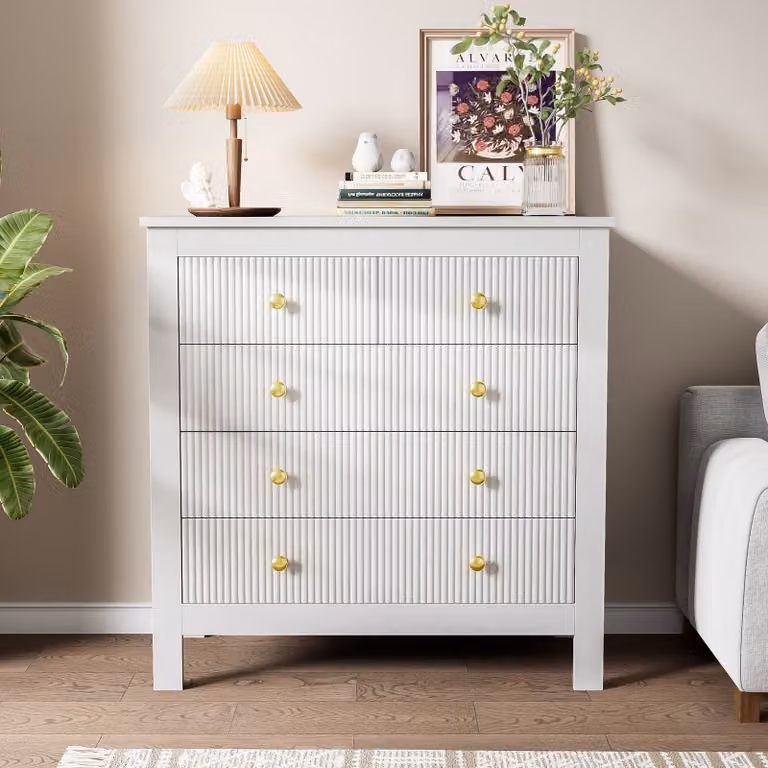 Credenza Sweiko, cassettiera con ante speciali, maniglie dorate, credenza/scarpiera/tavolino da camera