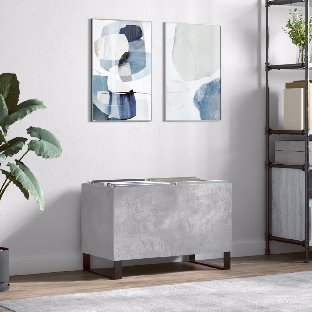 vidaXL Mobile Porta Dischi in Legno Multistrato e Metallo, Grigio Cemento, L 74,5 x P 38 x H 48 cm