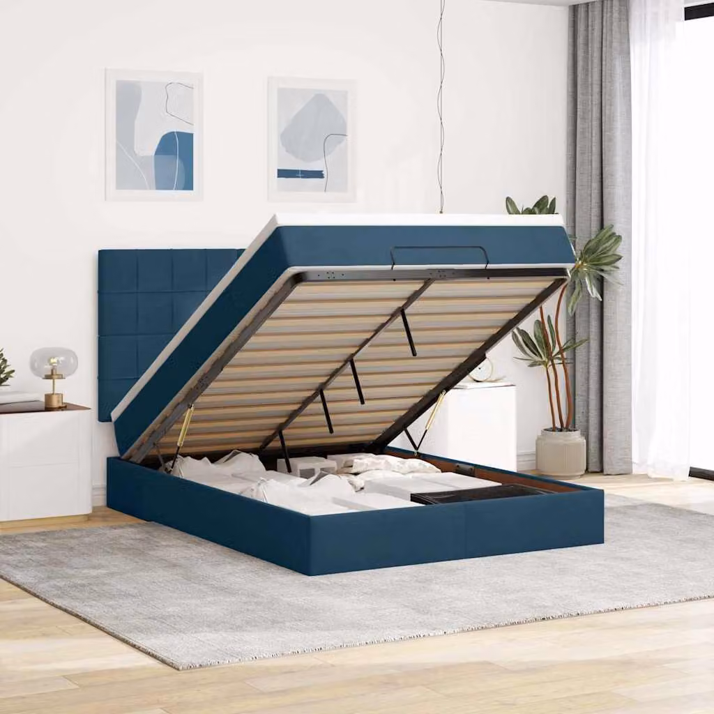 Letto con contenitore e pouf vidaXL in velluto blu con base a sollevamento, porte USB e illuminazione sottostante, L/P/H: 200 x 140 x 128 cm