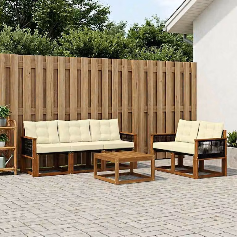 Set di divani da esterno vidaXL 6 pezzi in legno di acacia con tavolino e cuscini, Colore Naturale e Crema