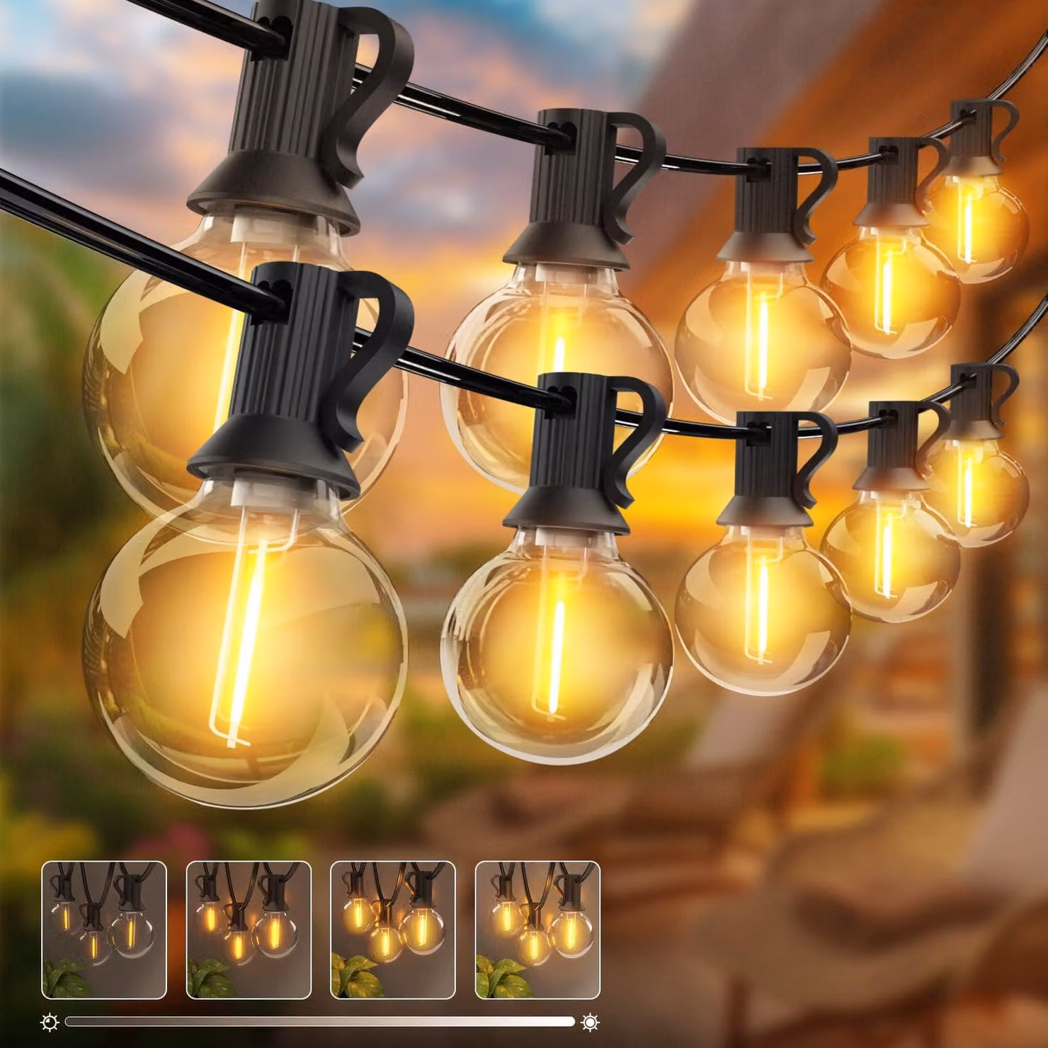 Catena luminosa da 46 metri, con 60+6 LED G40, dimmerabile, timer, impermeabile, set da 2