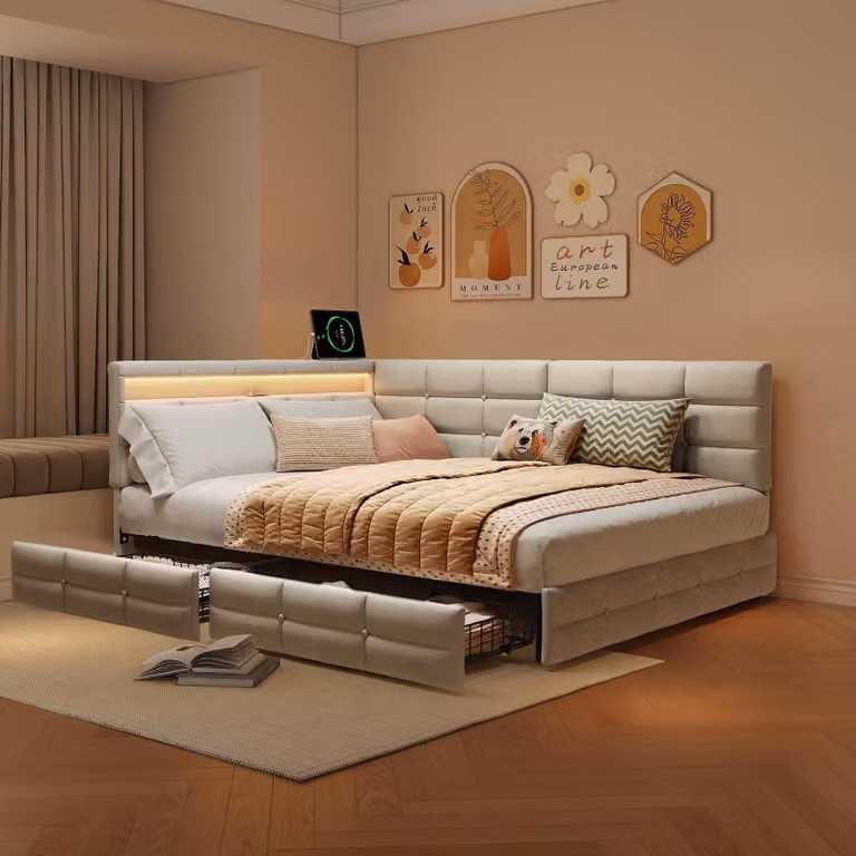 Letto imbottito ProximaX 140x190 cm beige con LED RGB e presa USB/Type-C, divano letto a L, letto matrimoniale con 2 cassetti portaoggetti, tessuto di lino
