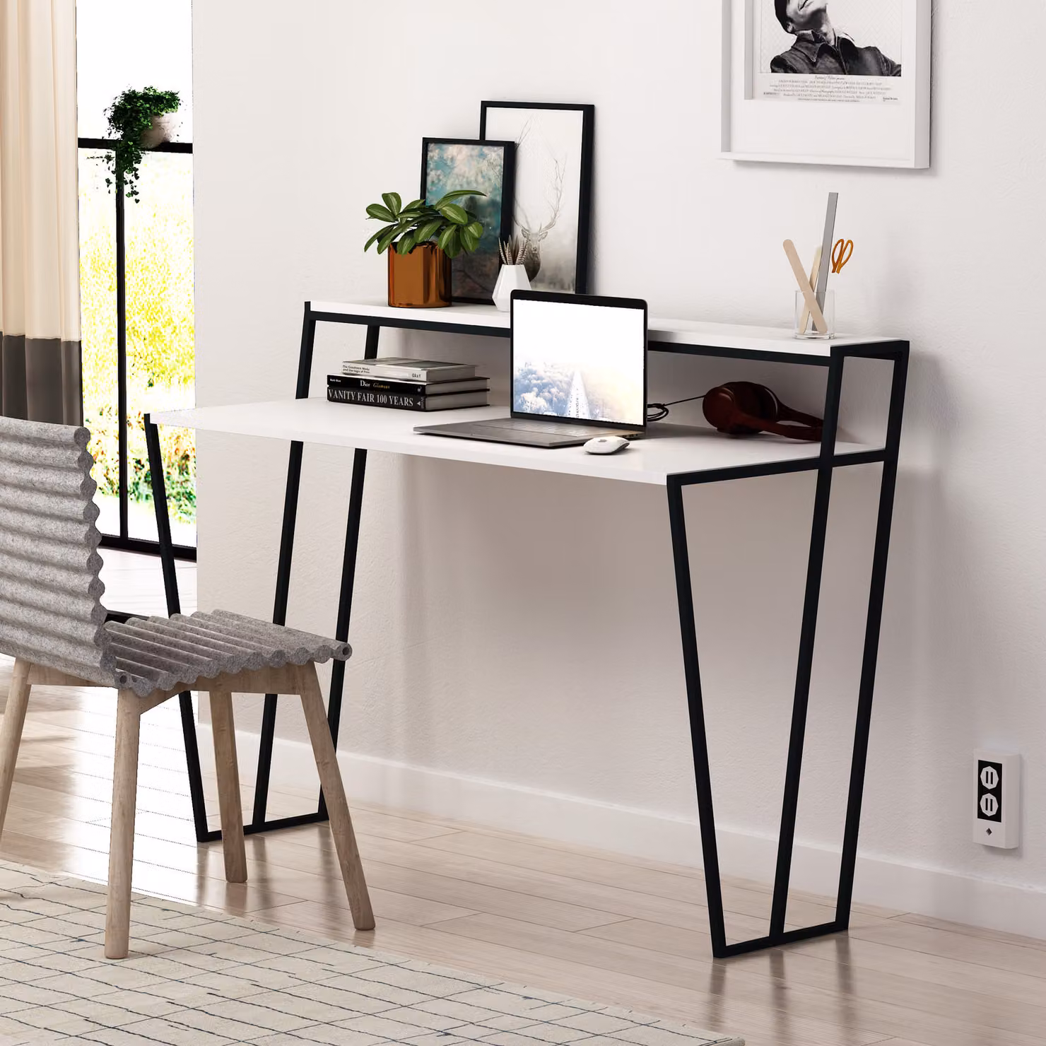DECORTIE Pal Scrivania moderna BIANCA con supporto per monitor 124 x 58 x 92 cm