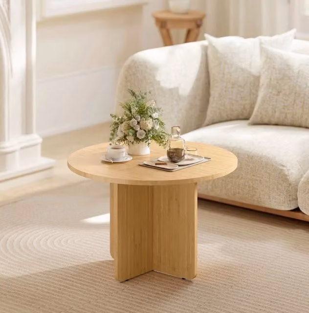Tavolino rotondo in bambù 66x45 cm con base a croce