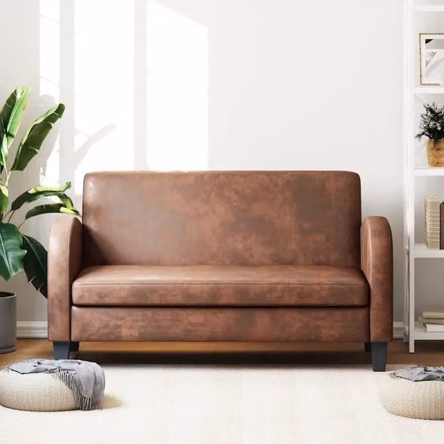 Divano a 2 posti vidaXL in ecopelle marrone con struttura in legno e imbottitura in schiuma, L: 139 cm, P: 76 cm, H: 70 cm – 1