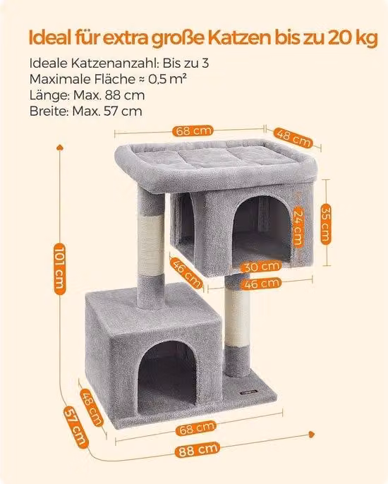 Casetta climatizzata per gatti con ampia area giochi, 2 nascondigli in peluche, albero da arrampicata, grigio chiaro, PCT61W.