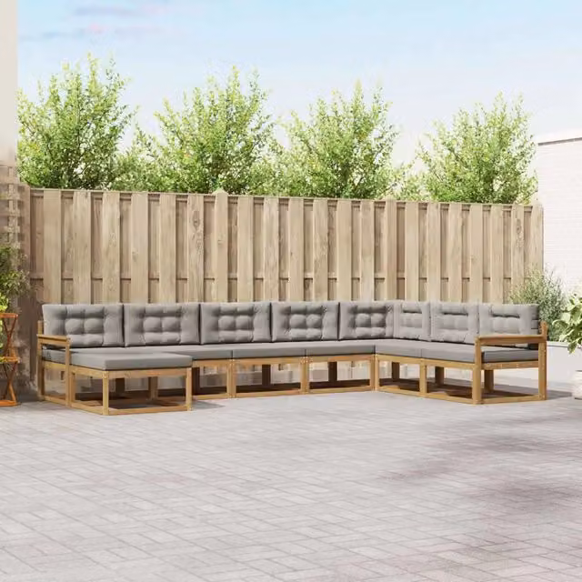 Set di divani da esterno a L vidaXL in legno di acacia con cuscini, Bianco e Grigio
