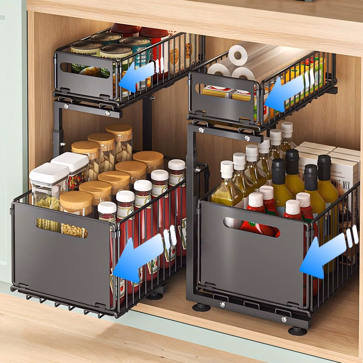 Set da 2 ripiani estraibili in metallo per l'organizzazione di cucina e bagno