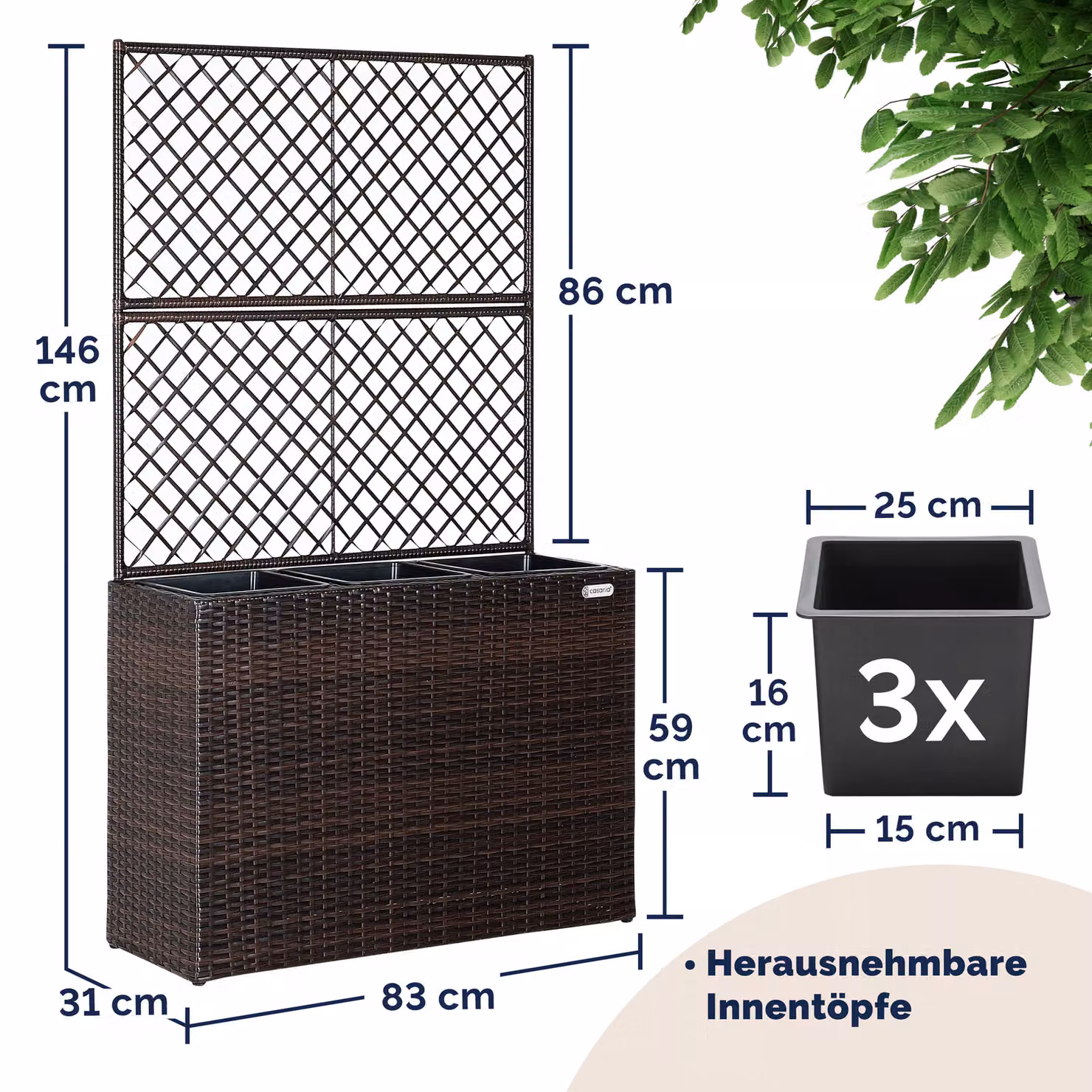 Fioriera con traliccio Casaria® in polyrattan marrone con struttura in acciaio e plastica, L: 83 cm, P: 30,5 cm, H: 146 cm – 2
