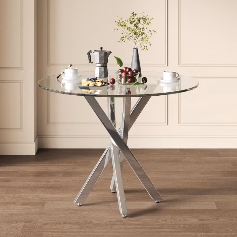 Tavolo da pranzo Flieks Tavolo da pranzo rotondo, tavolo da cucina con piano in vetro, tavolo da caffè per il tempo libero per 2-4 persone, 80x80x75cm, argento