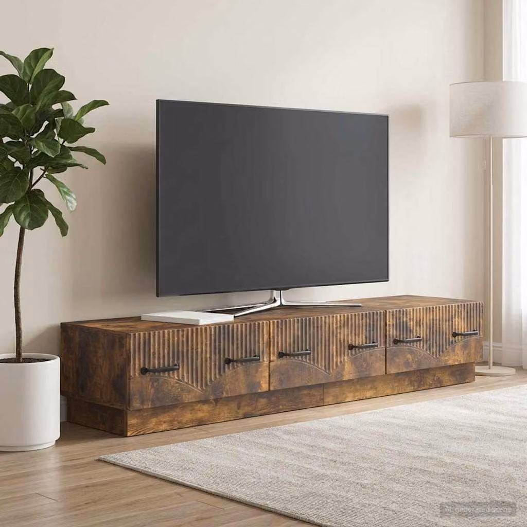 Mobile TV vidaXL in legno ingegnerizzato Rovere Fumo, moderno con ruote, L 147 x P 34,5 x H 27 cm