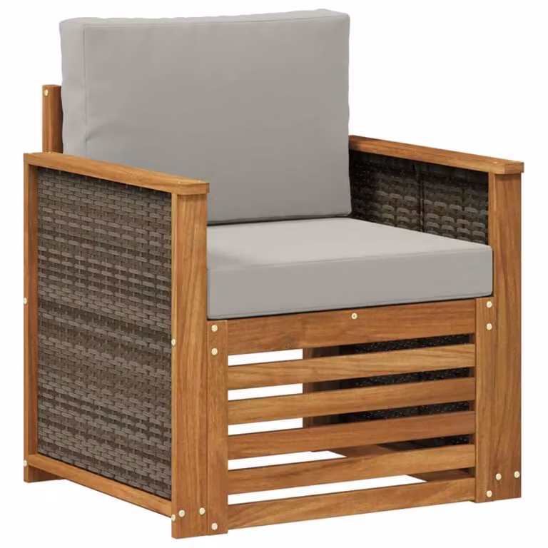 Divano centrale componibile per esterno Naturale 801735 in legno di acacia con cuscini beige e grigio