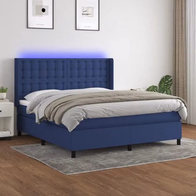 Letto Ibrido vidaXL con Materasso e Illuminazione LED Blu e Porte USB, Tessuto Bianco e Blu, L/P/H: 203 x 183 x 128 cm – 1