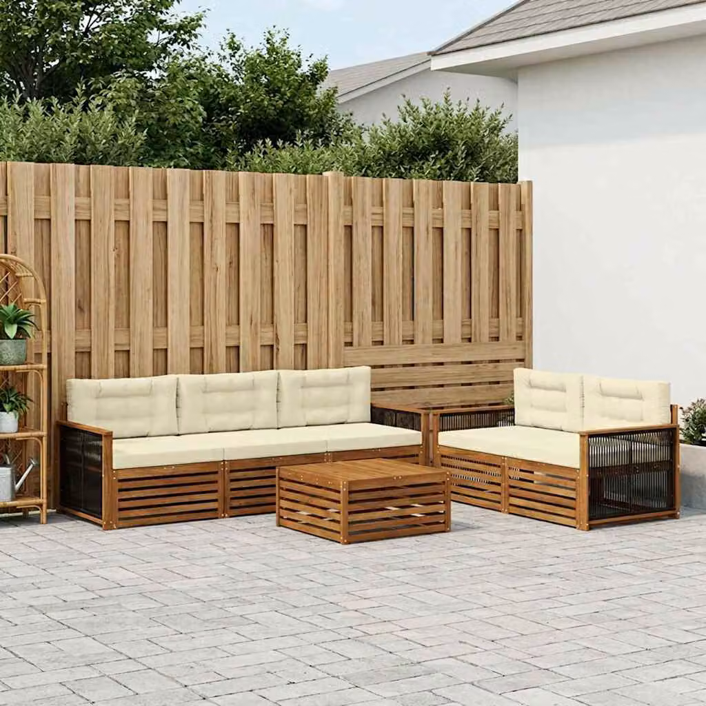 Set di divani da esterno vidaXL in legno di acacia con tavolo da caffè e cuscini, colore beige e bianco