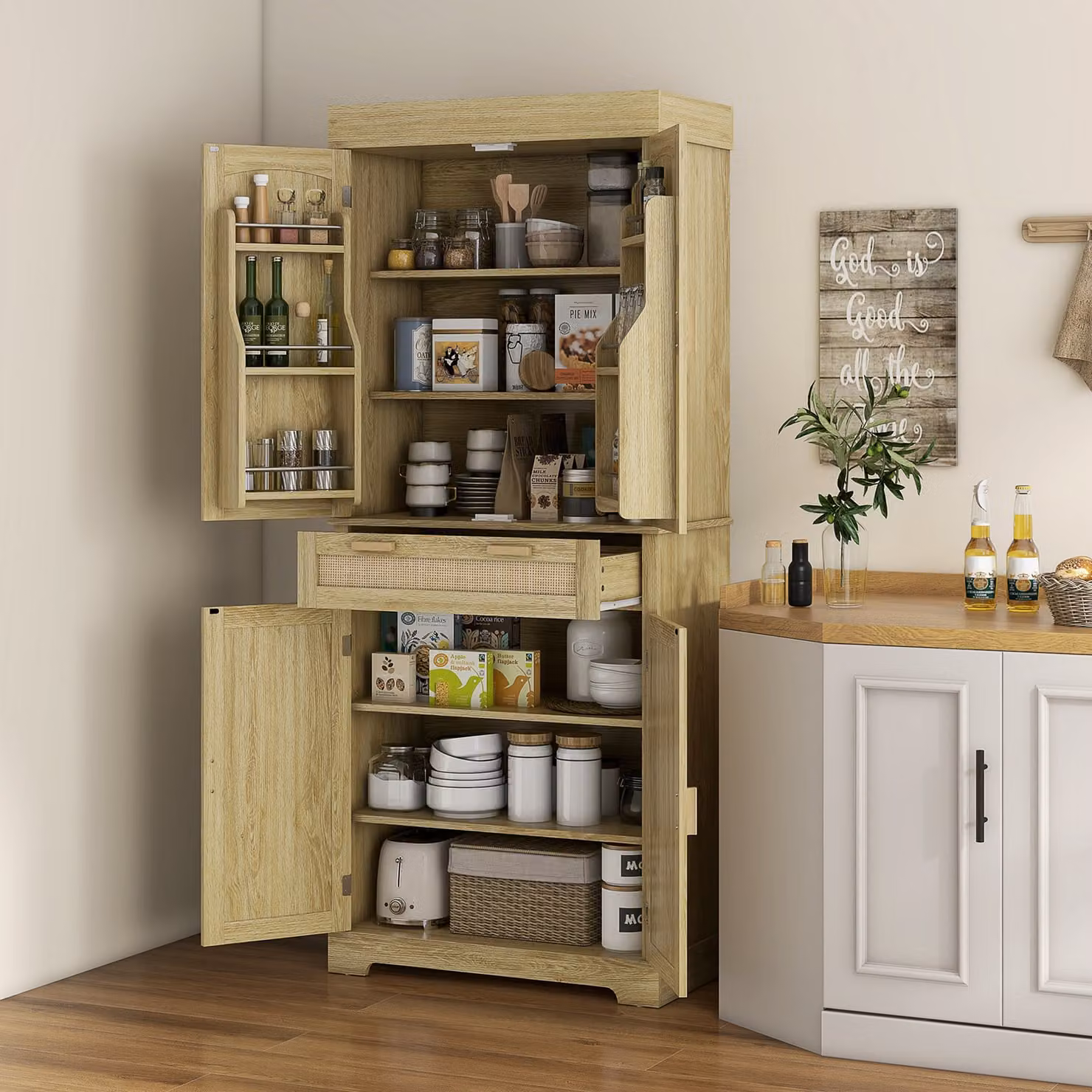 Credenza Cucina Boho HOMCOM in Legno e Rattan con Armadietti e Cassetti, Colore Rovere, L: 76 cm, P: 40 cm, H: 183 cm – 2