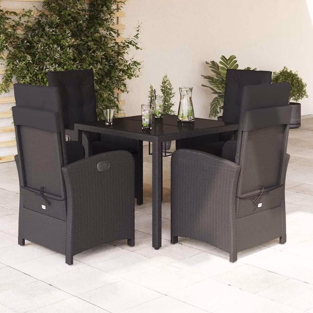 Set da Pranzo da Giardino vidaXL 5 pz in Polyrattan Nero con Cuscini e Tavolo in Vetro