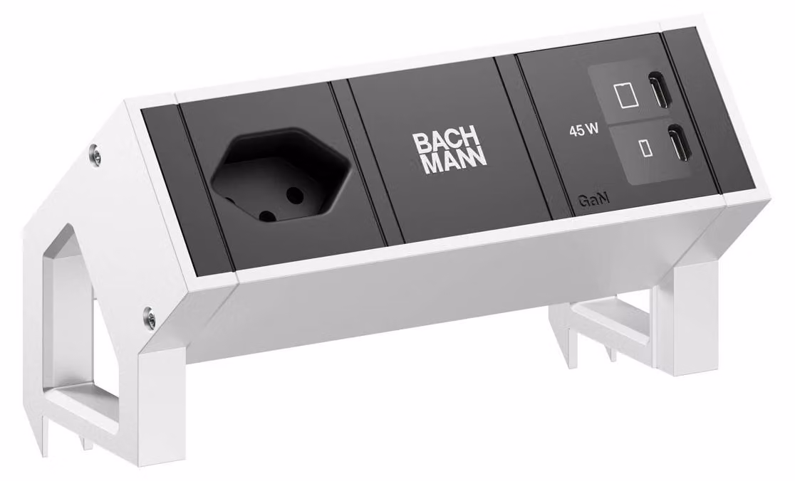 BACHMANN DESK2 1xCH 90° 1xUSB C/C 45W, L=0,2 m, acciaio inossidabile