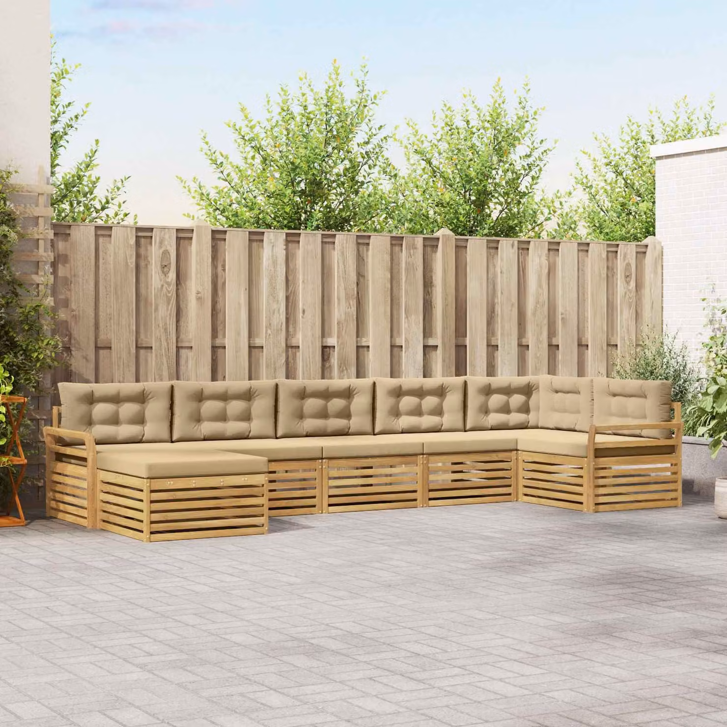 Set di divani da esterno vidaXL 7 pz in legno di acacia con cuscini Bianco e Beige
