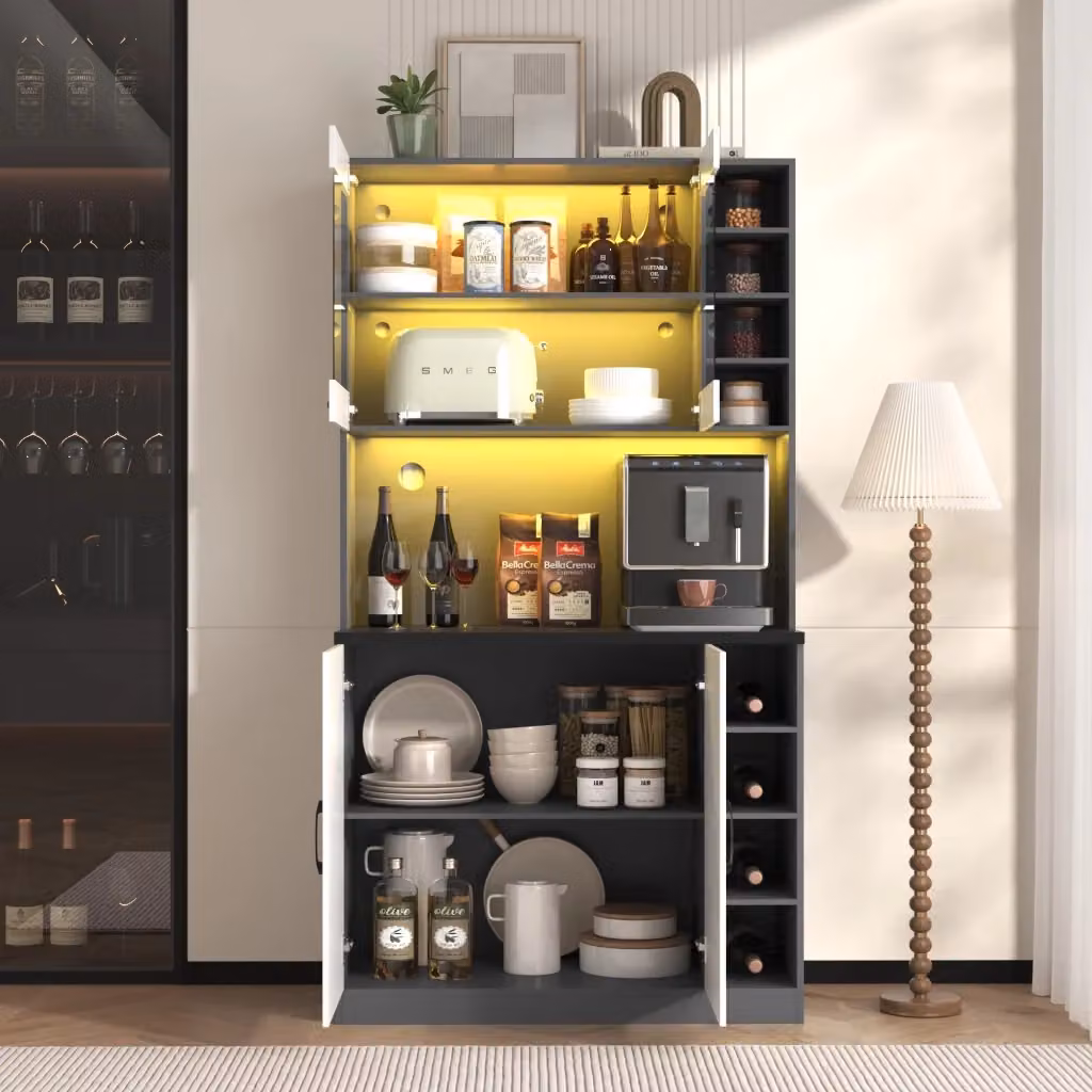Mobile dispensa FOLYNA con LED e spazio microonde in MDF bianco e grigio L: 100 cm, P: 47 cm, H: 187 cm – 2