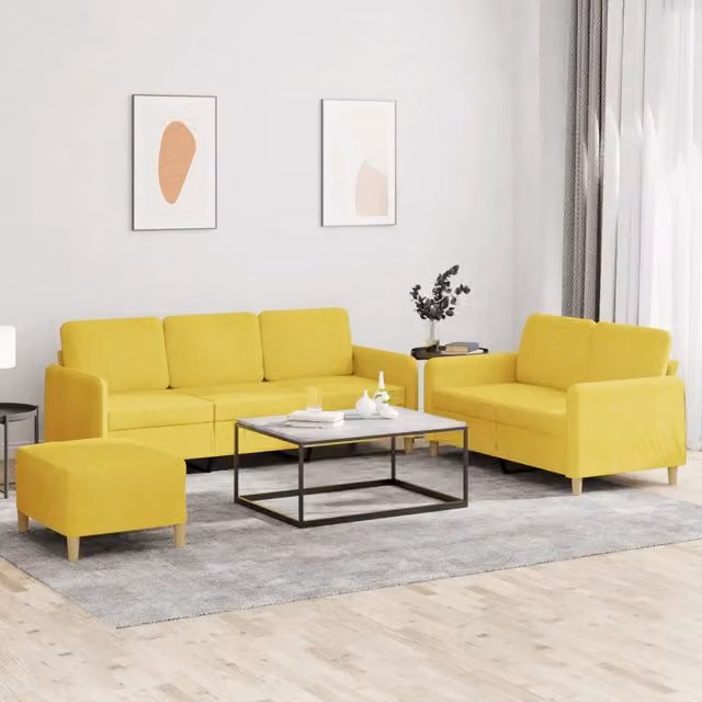 Set di divani moderno vidaXL composto da divano a 3 posti, divano a 2 posti e pouf con cuscini in tessuto giallo
