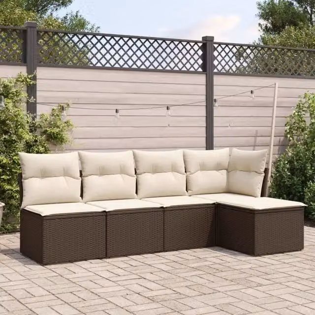 Set Divano da Giardino 5 pz con Cuscini-Sofa da Giardino-Divanetto da esterno Marrone in Polyrattan 216010