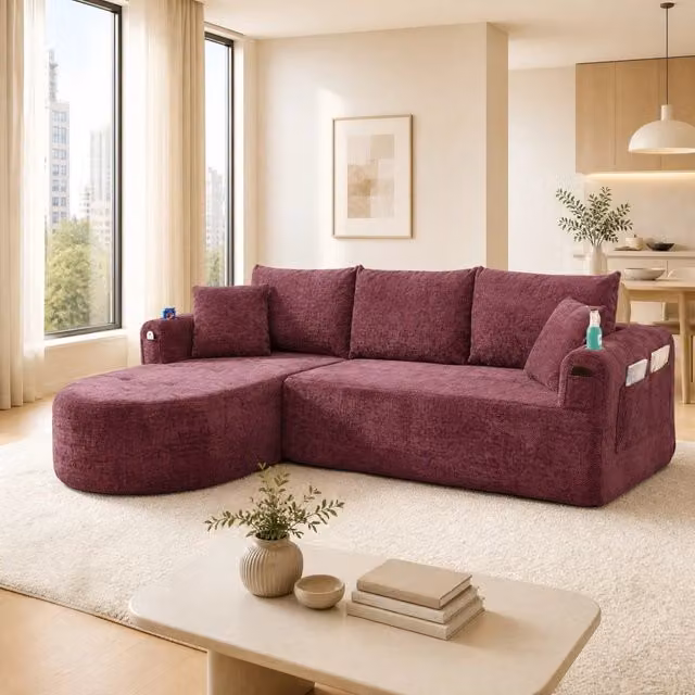 Divano angolare modulare MIVRAY in tessuto rosso con portabevande in acciaio inox e cuscini inclusi – 1
