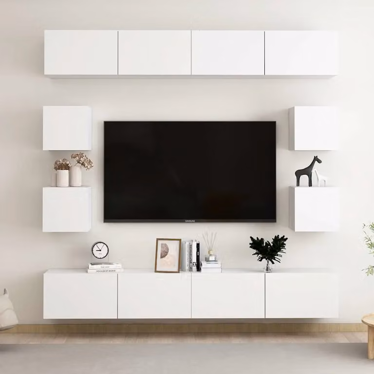 Set Mobili Porta TV 8 Pezzi vidaXL Bianco Moderno in Legno e MDF da Appendere al Muro