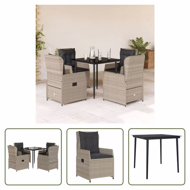 The Living Store Set da pranzo da giardino 5 pezzi con cuscini in rattan grigio chiaro