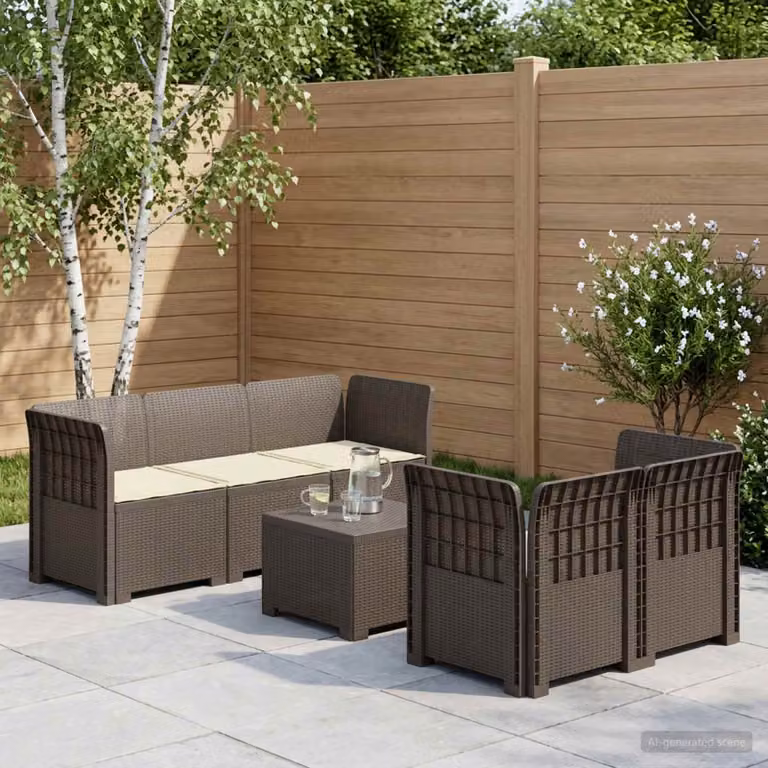 Set da giardino vidaXL a forma di L con divano da 5 posti, elemento angolare e tavolino, in stile rattan moderno con cuscini inclusi