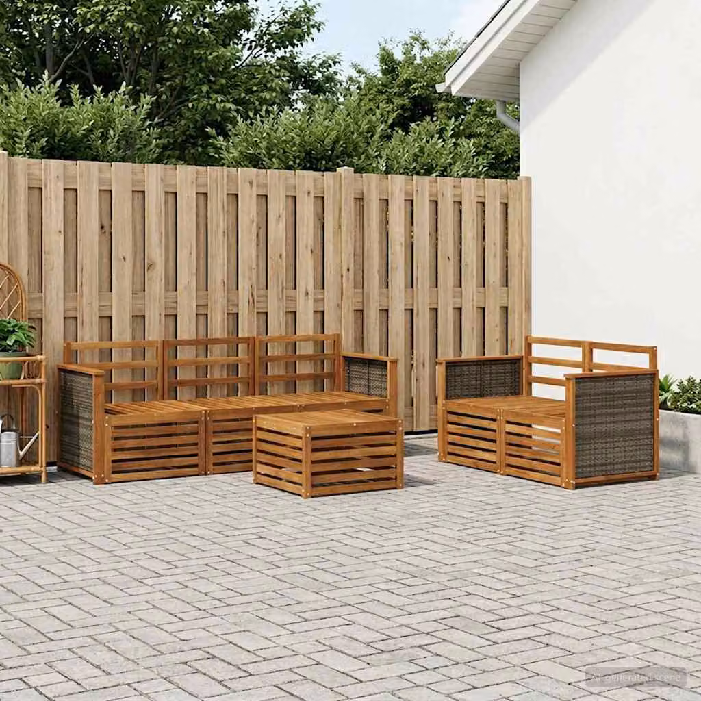Set di divani da esterno vidaXL in legno di acacia massello marrone con cuscini e tavolino da caffè, composizione a L per giardino e balcone