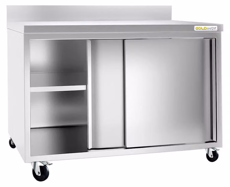 Mobile basso in acciaio inossidabile, dimensioni 1400x700 mm, montato su ruote di alta qualità - GOLDINOX