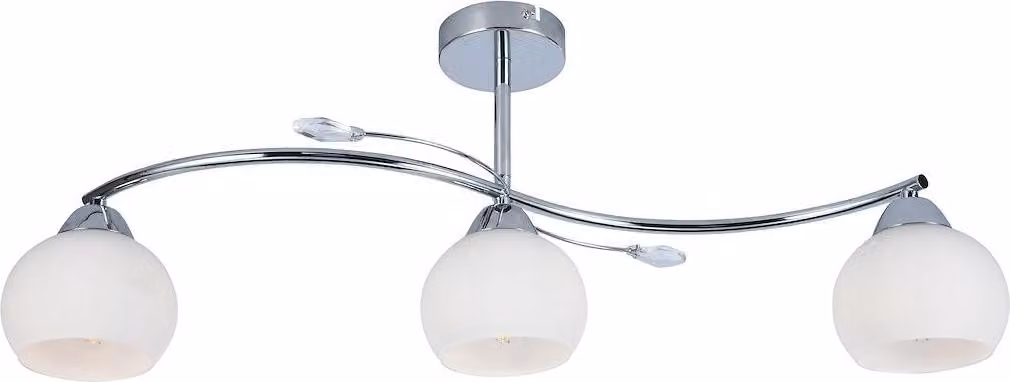 Lampada a soffitto cromata con tre paralumi in vetro, modello Connor, 3 attacchi E27, collezione Milagro