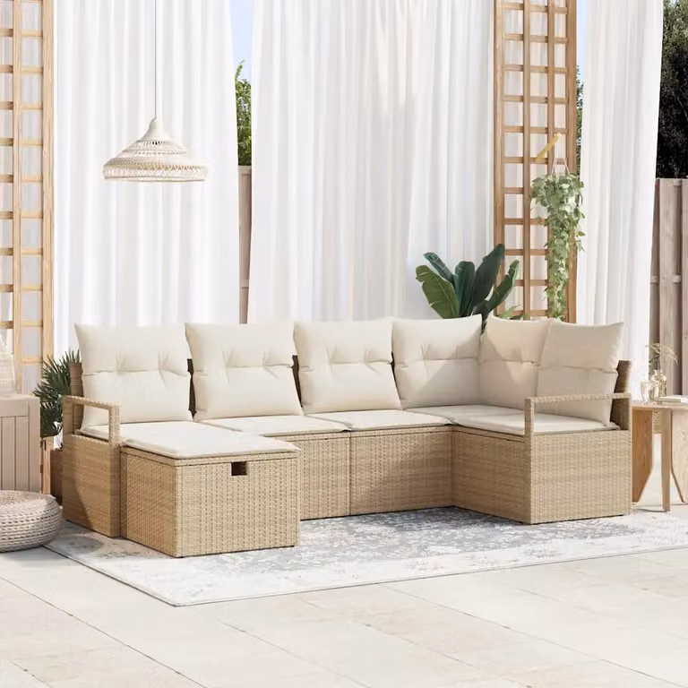 Set Divano da Giardino vidaXL 6 pz Beige in Polyrattan con Cuscini e Tavolino