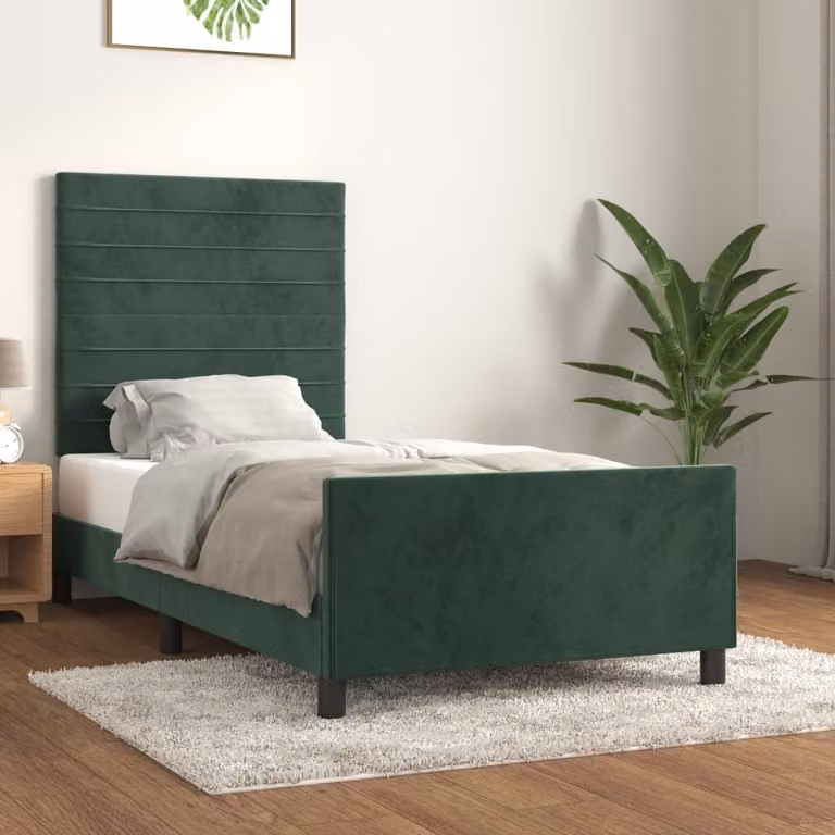 The Living Store Struttura letto con testiera in velluto verde scuro 100x200 cm