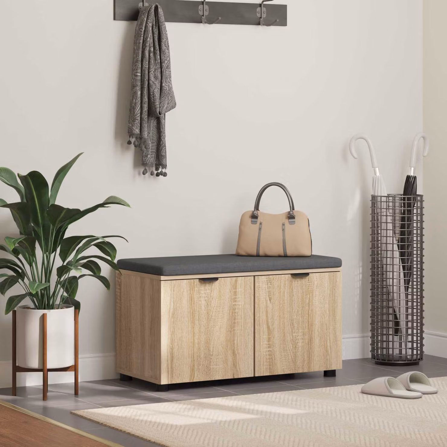 Panca per ingresso con scarpiera e cuscino vidaXL in Rovere Sonoma e tessuto grigio, L 80 x P 38 x H 46 cm