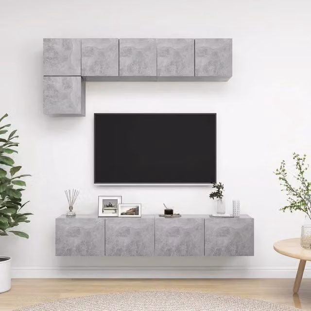 Set di mobili porta TV vidaXL da 5 pezzi in legno multistrato grigio cemento per soggiorno moderno con montaggio a parete