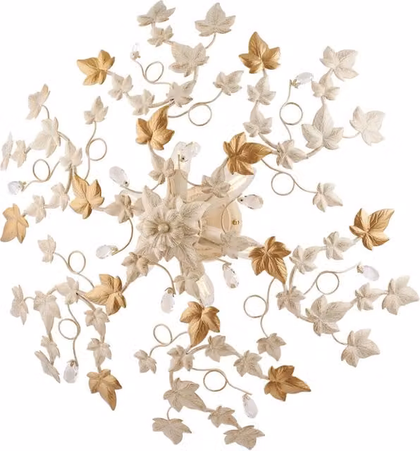 Plafoniera Shabby Chic Belight Edera con 6 Luci in Metallo Avorio e Oro con Foglie e Cristalli Trasparenti