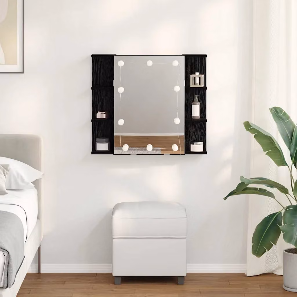 Mobiletto per specchio vidaXL moderno in rovere nero con illuminazione LED e specchio, L: 70 cm, P: 16,5 cm, H: 60 cm