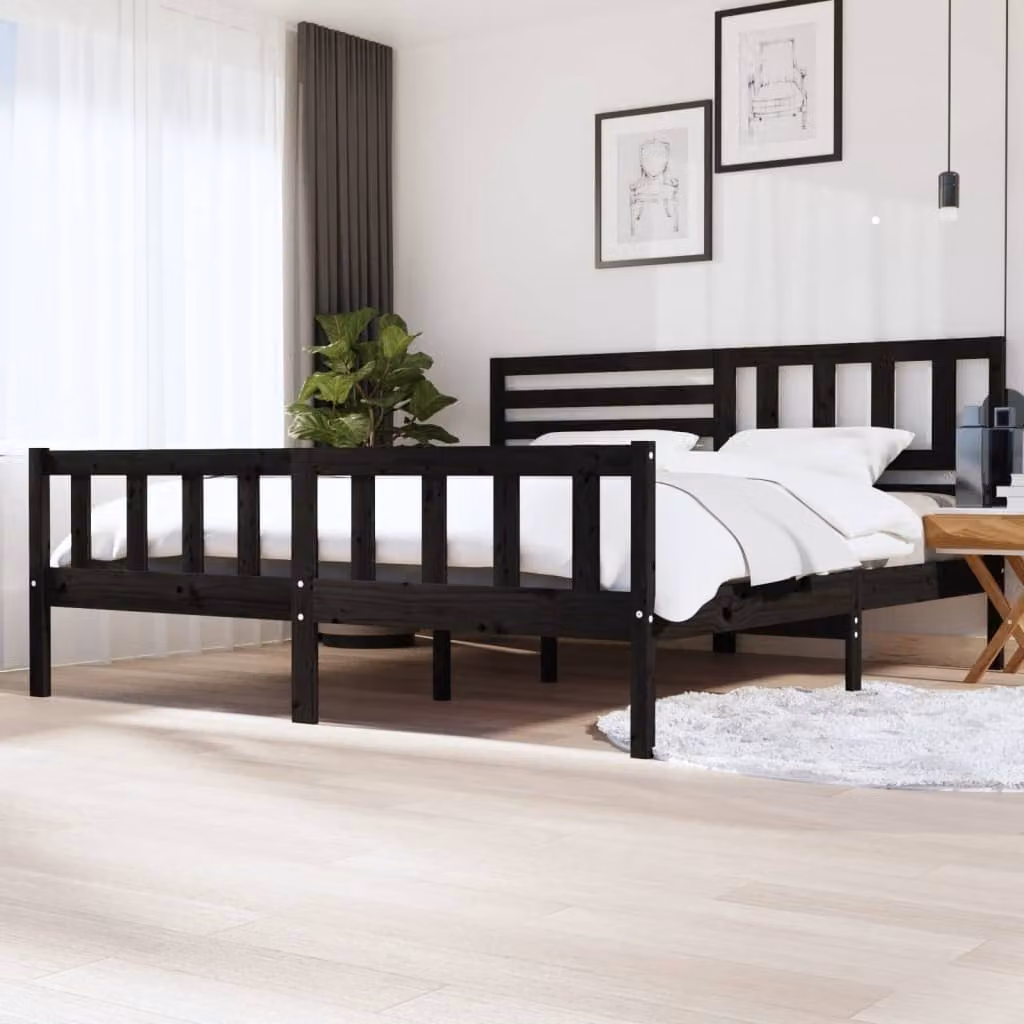 The Living Store Letto in legno massiccio nero 200x200 cm