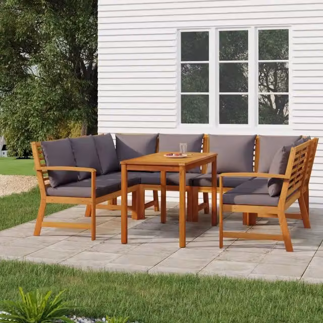 Set da pranzo da giardino vidaXL in legno di acacia con 7 pezzi e cuscini, colore marrone e grigio, L/P/H: 110 x 60,5 x 81 cm – 1