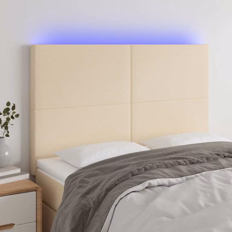 Testiera per letto con illuminazione LED e porta USB vidaXL in tessuto beige, L: 144 cm, P: 5 cm, H: 118-128 cm